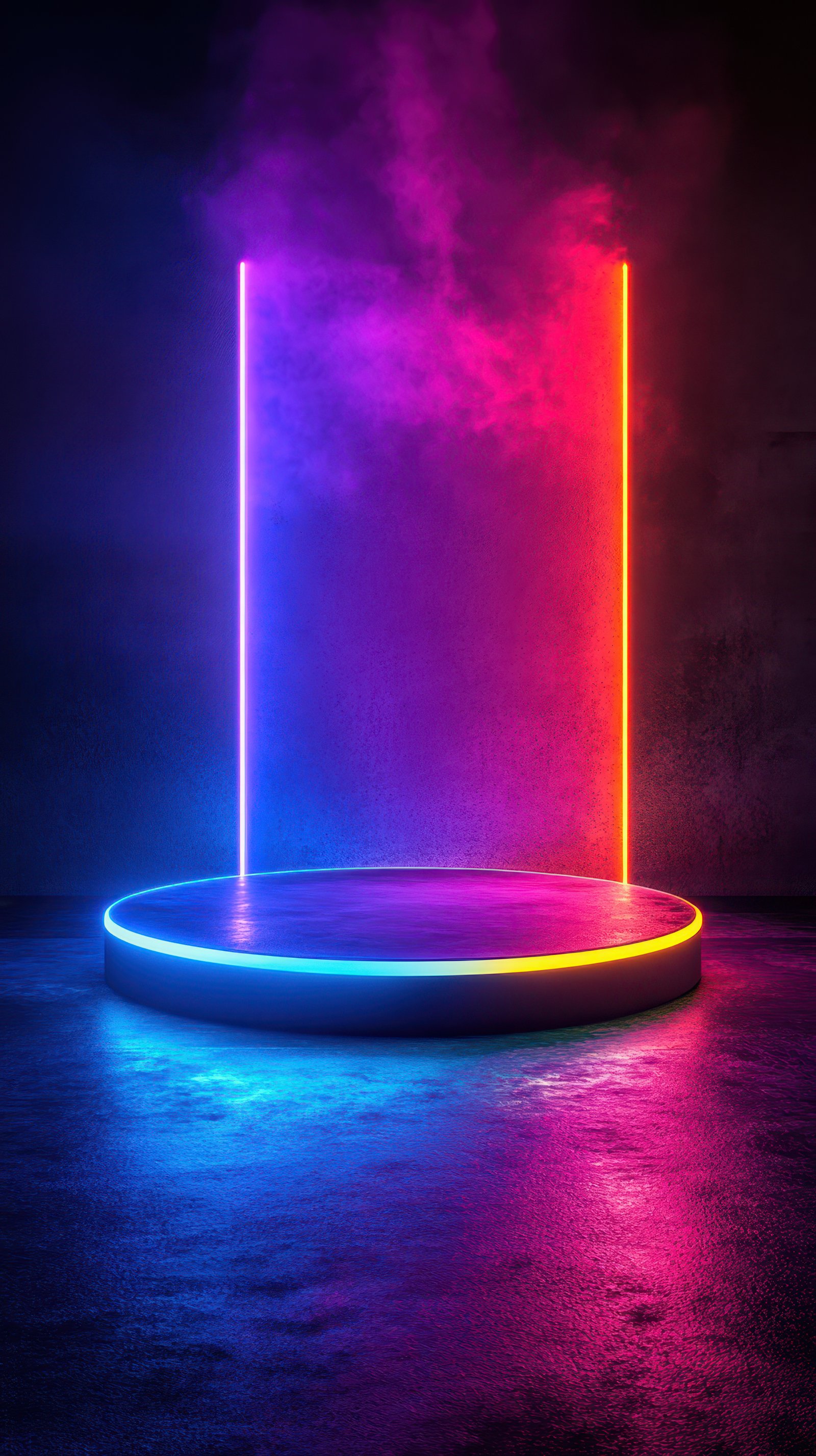 Vibrant illuminated stage with glowing neon lights in a dark atmosphere creating a dynamic visual experience